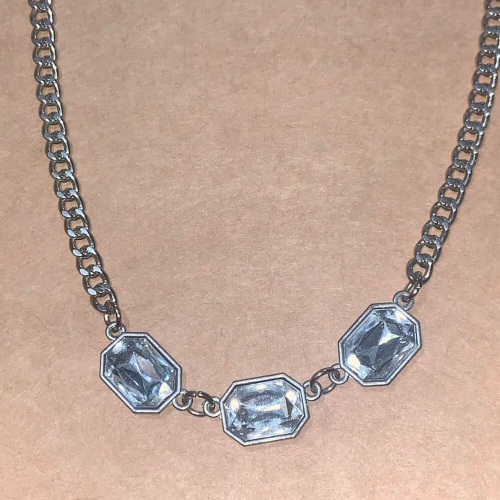 Silver Link Chain Necklace, Glass Stones, Vintage Jewelry, Estate Sale
